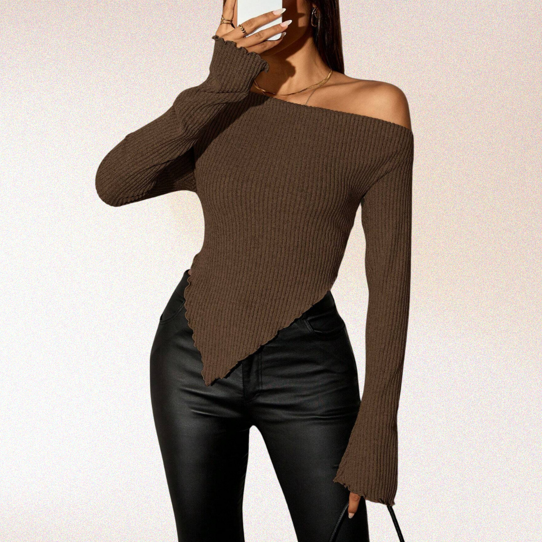 Olivia Asymmetrical Neck Rib-Knit Top