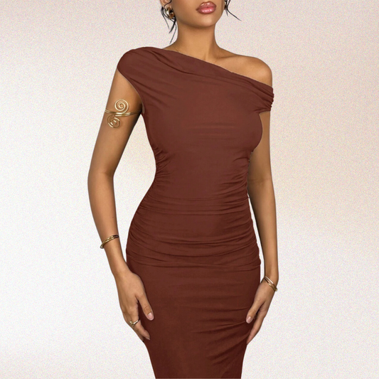 Sofia Asymmetrical Neck Ruched Dress
