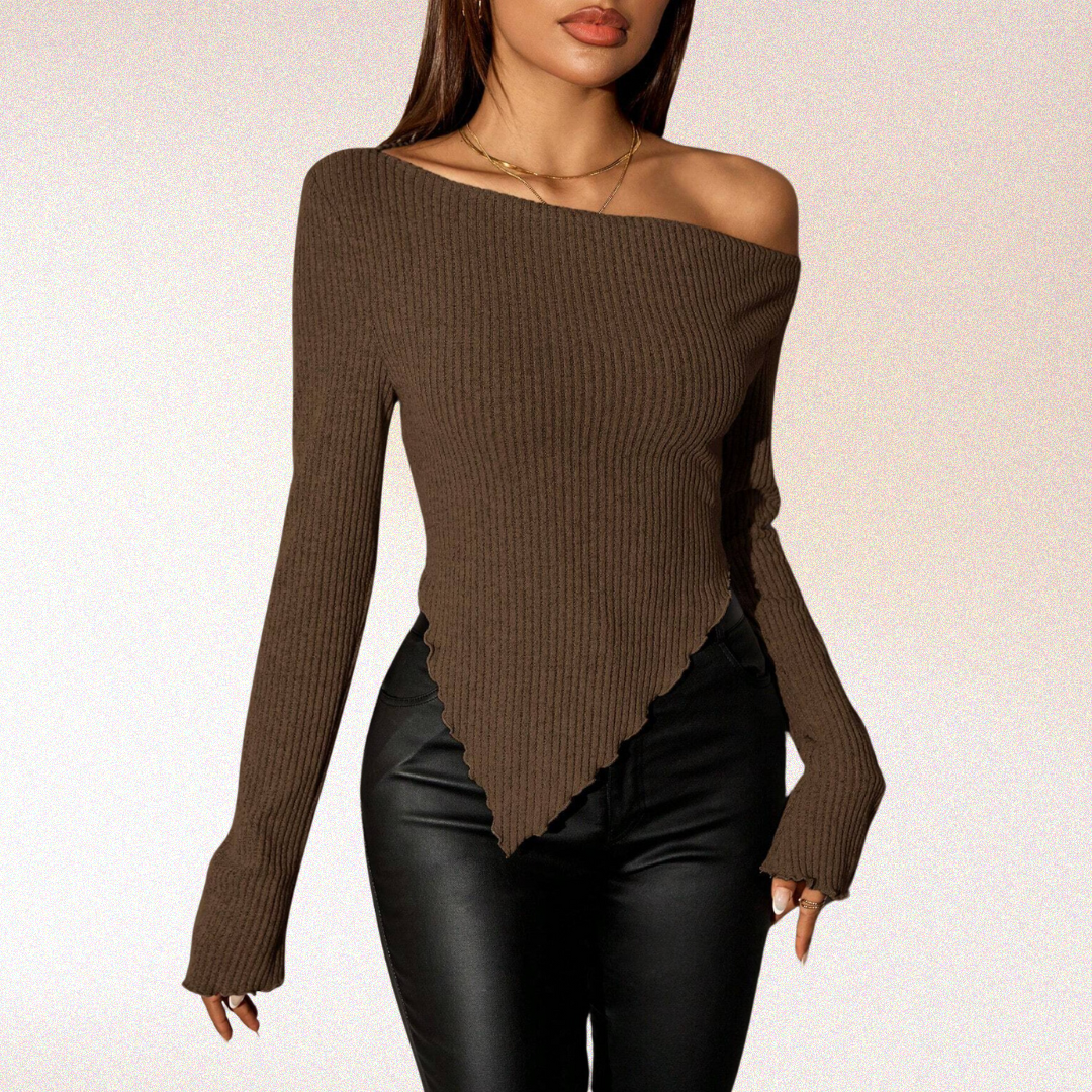 Olivia Asymmetrical Neck Rib-Knit Top