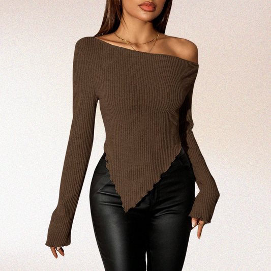 Olivia Asymmetrical Neck Rib-Knit Top