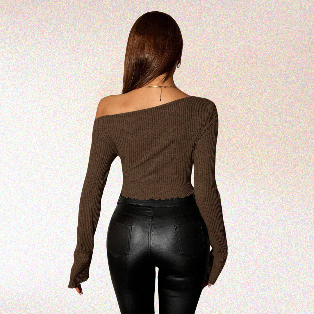 Olivia Asymmetrical Neck Rib-Knit Top