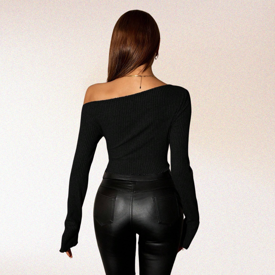 Olivia Asymmetrical Neck Rib-Knit Top
